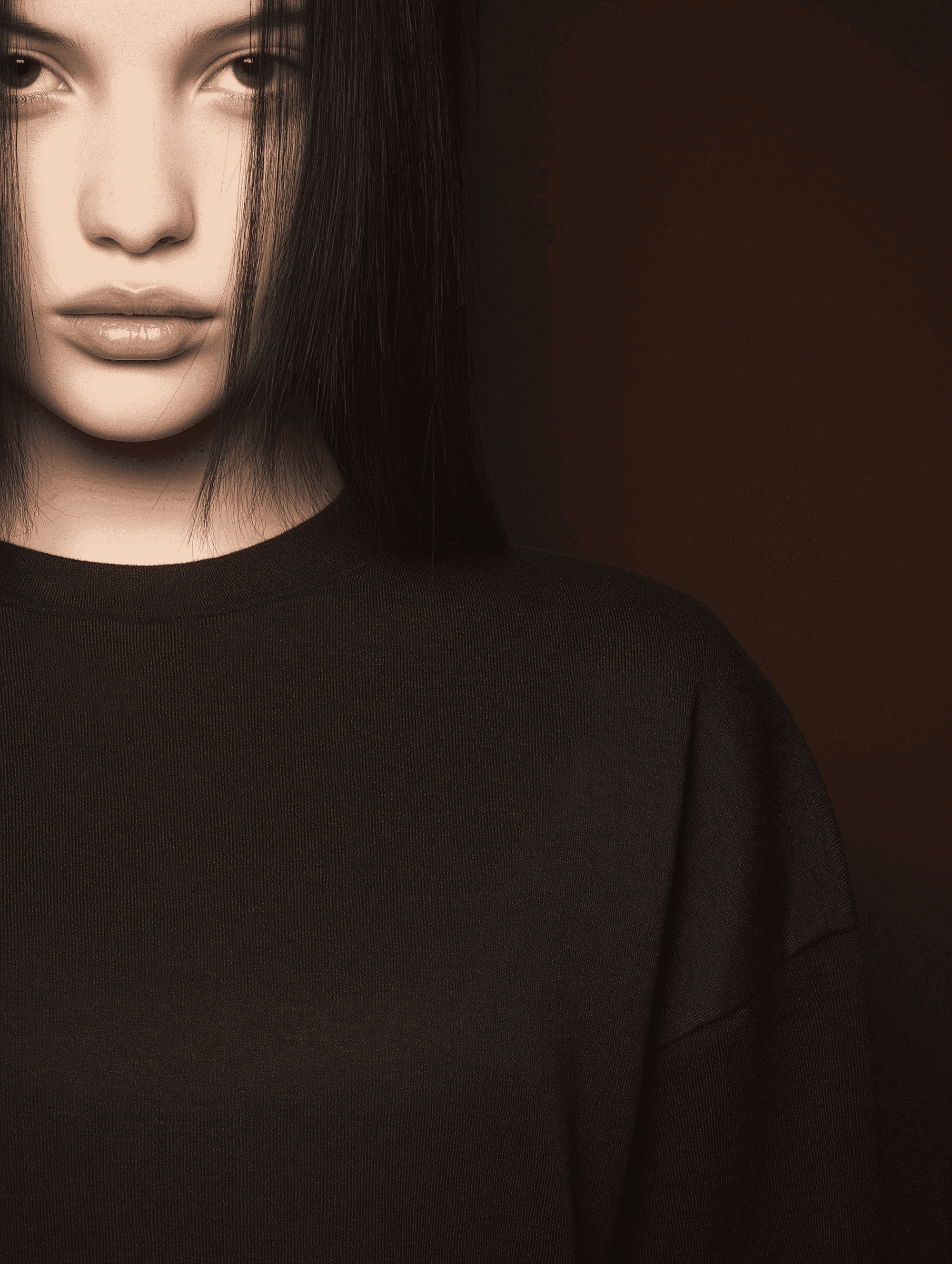 Close-up portrait of a woman wearing a simple black top against brown backdrop