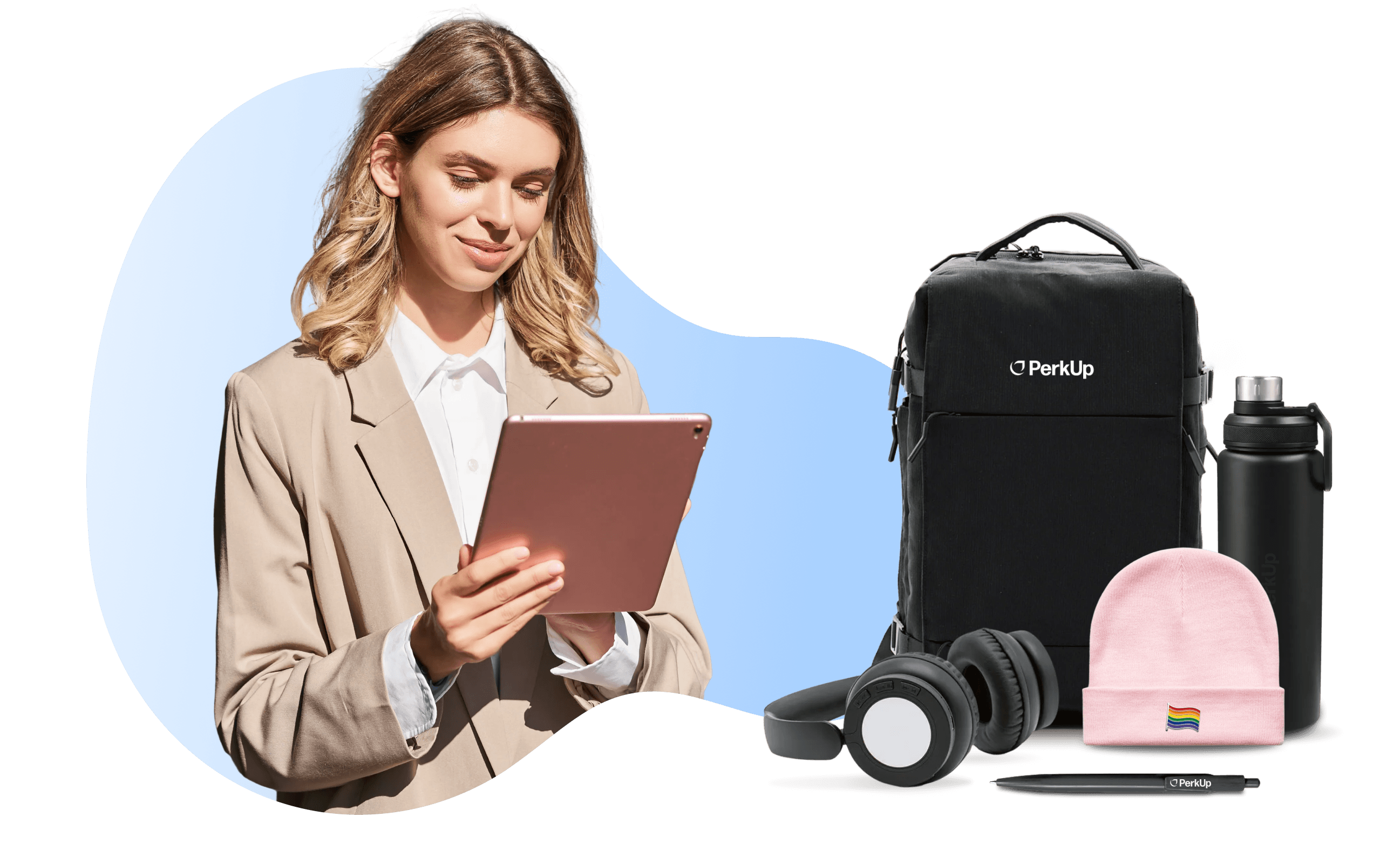 A woman wearing a suit, looking at a tablet. On her side, there's a headphones, a bag, a beanie, and a tumbler.