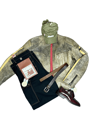 A collection of apparel including jacket, jeans, belt, shoes, and a hat.