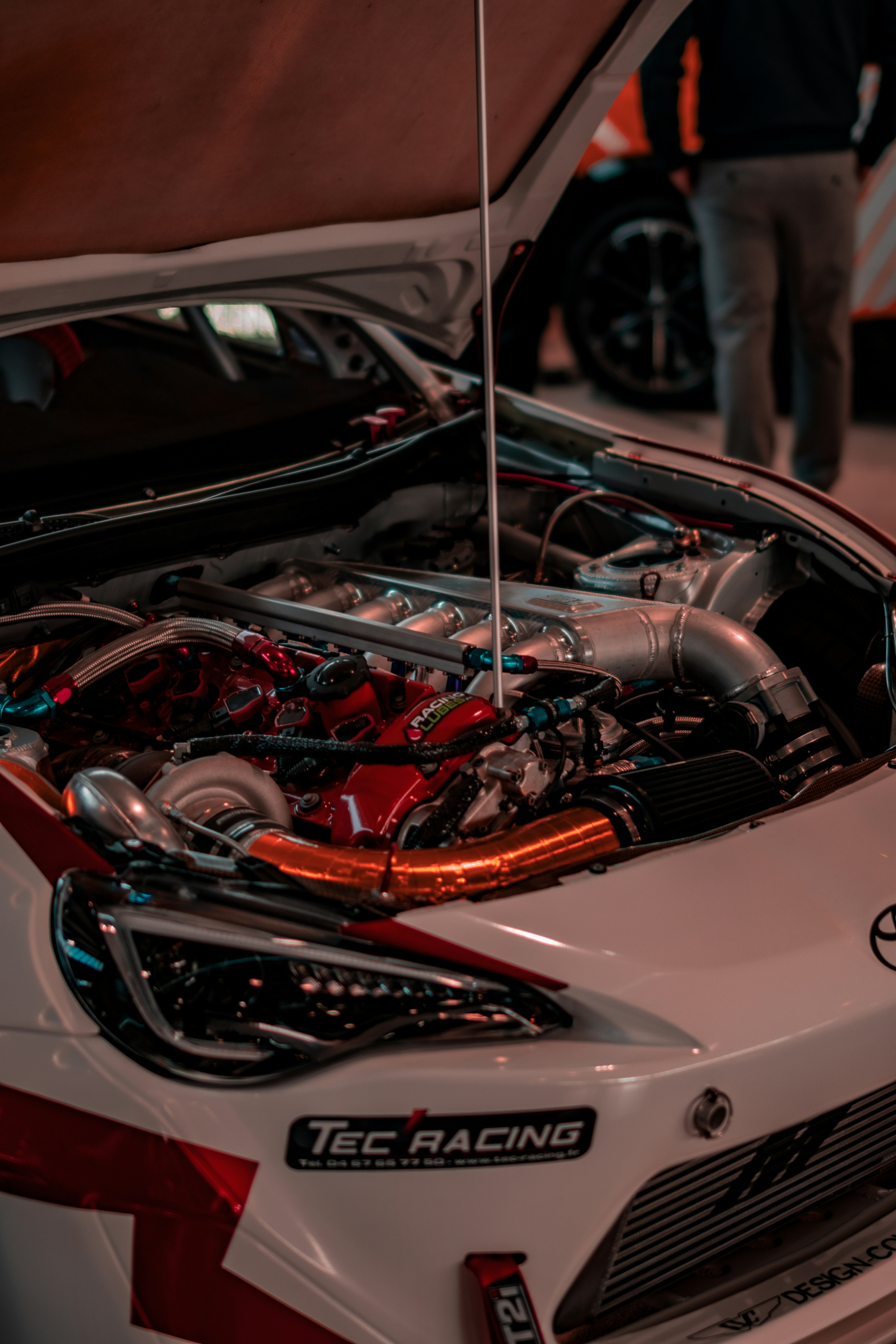Close-up of a car engine with turbocharger.