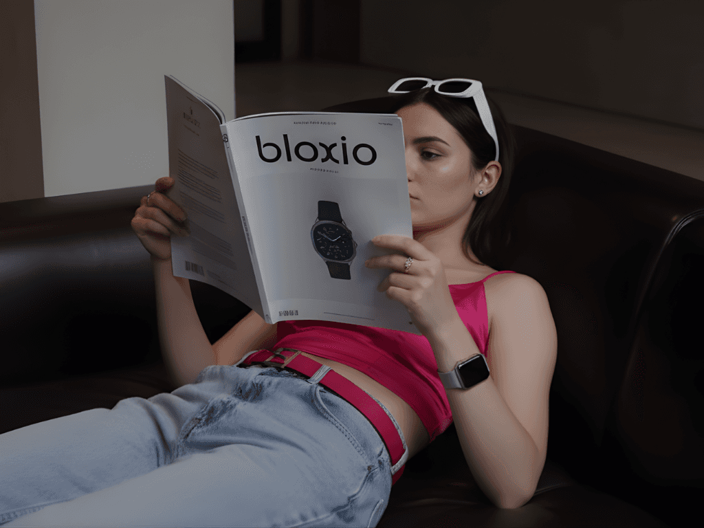 Femme lisant un magazine intitulé « Bloxio » dans une atmosphère moderne et élégante. L’image illustre l’univers de Bloxio.ch, un magazine digital imaginé par Agence 403, dédié aux tendances du marketing, du design et de la technologie.