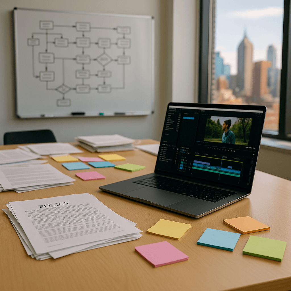 Photorealistic scene of AI agents orchestrating policy documents into interactive training videos and quizzes for compliance teams.