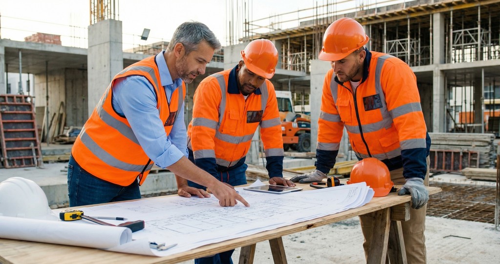 architecte qui montre des plans et au chef chantier pour la supervision d'un chantier d'imeuble residentiel