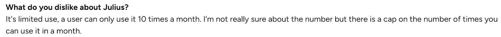 User review mentioning monthly usage limits in Julius AI