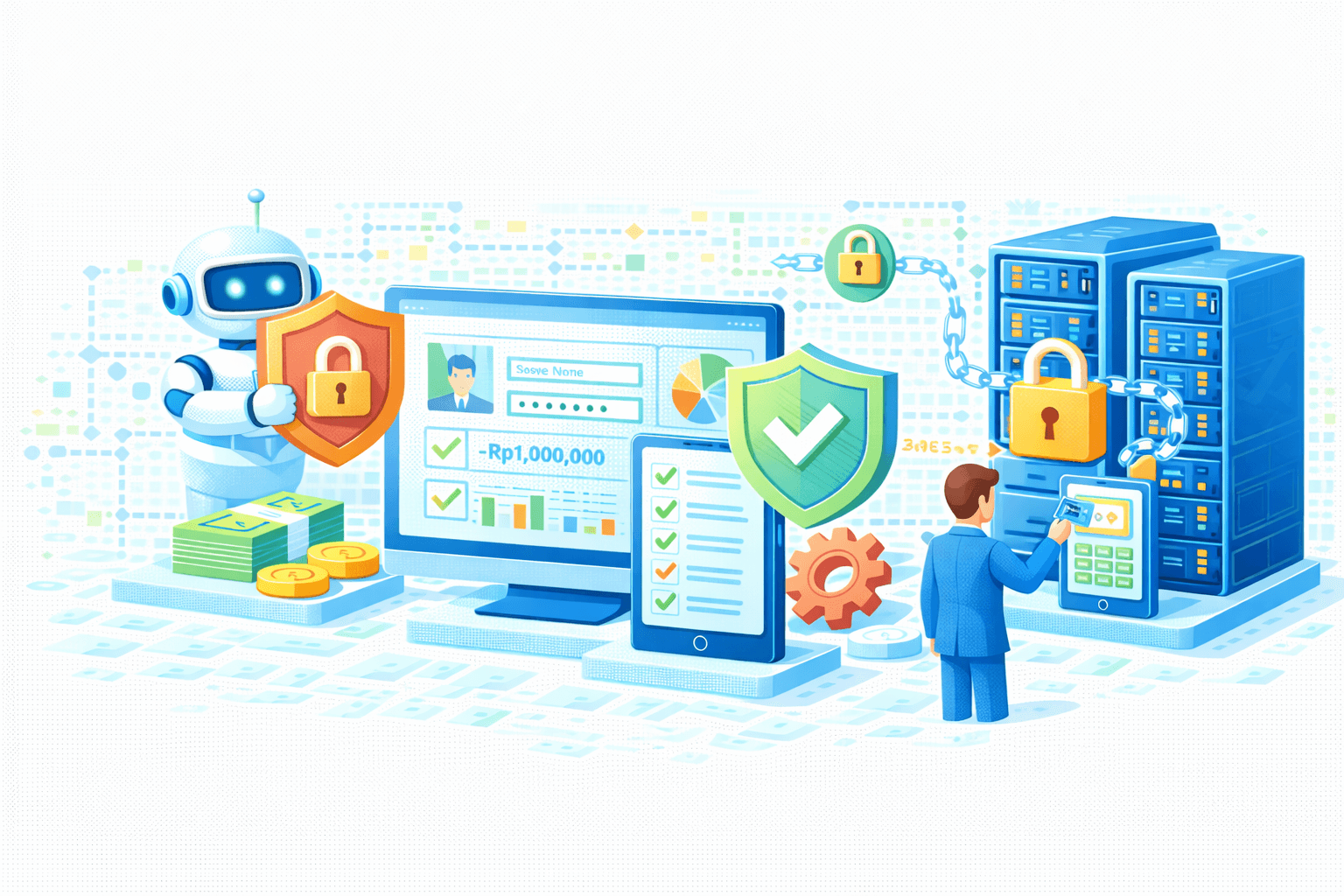 Ilustrasi AI‑driven secure data management & compliance validation. Di kiri, AI/robot assistant memegang perisai oranye dengan gembok di samping uang/koin, menandakan perlindungan aset dan analitik otomatis. Di tengah, dashboard pada monitor menampilkan profil, grafik, checklist hijau, dan nilai −Rp1.000.000 yang telah diverifikasi; smartphone di depan menunjukkan checklist validasi seluler. Perisai hijau bertanda centang dan roda gigi melambangkan keamanan dan otomasi proses.  Di kanan, rak server/data center terhubung dengan rantai dan gembok (kontrol akses & enkripsi), sementara seorang operator melakukan otorisasi via tablet. Visual menggambarkan orkestrasi end‑to‑end: validasi finansial, sinkronisasi lintas kanal, otomasi, dan perlindungan data yang aman dan compliant.