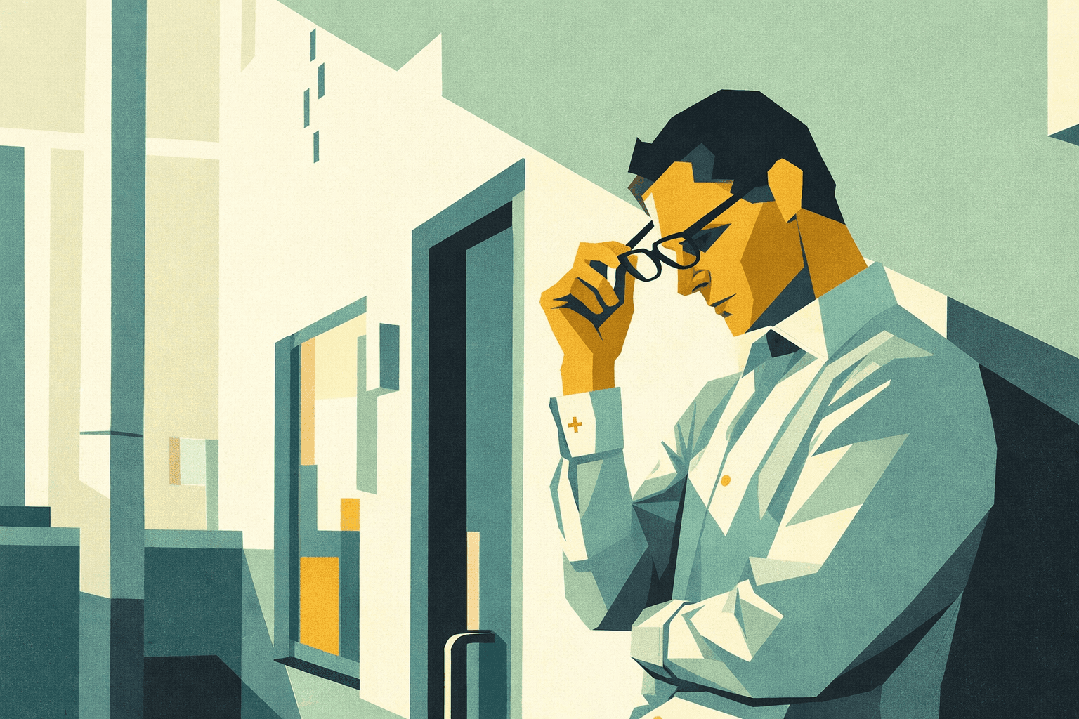 Manager in momento di riflessione individuale, alle prese con decisioni complesse e perdita di chiarezza sul proprio ruolo professionale