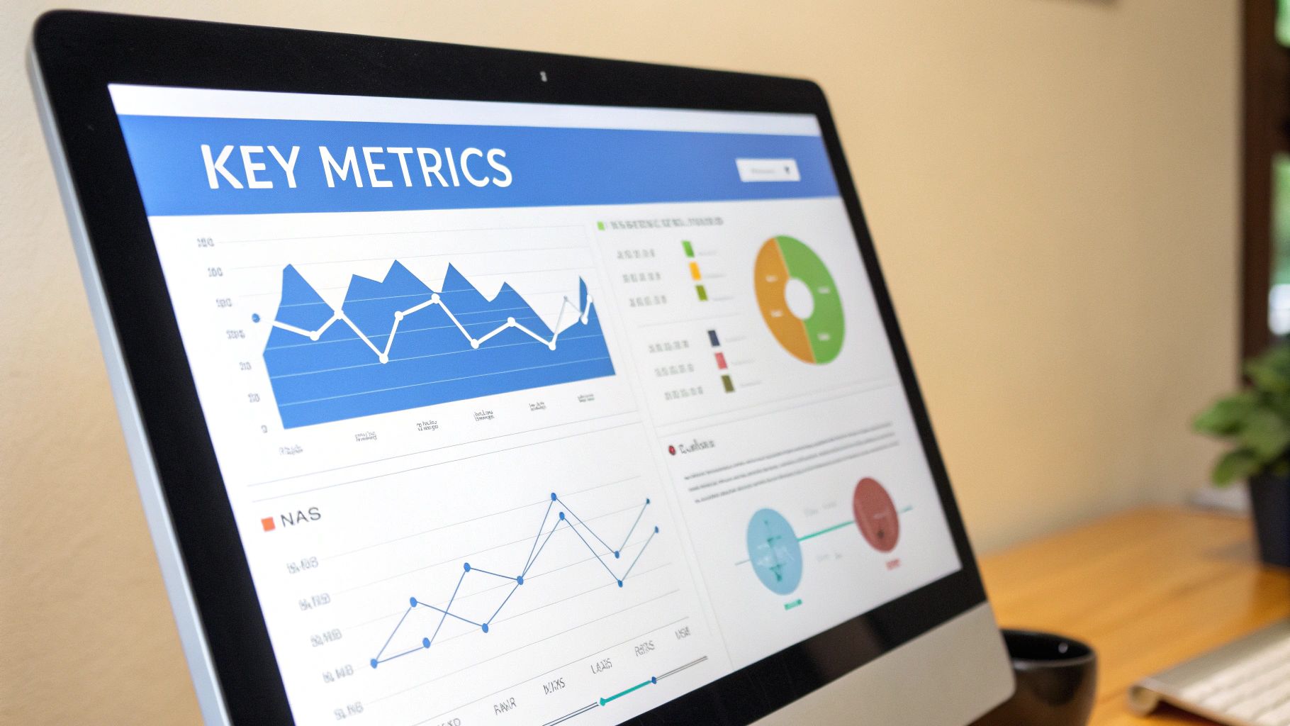 A startup founder looking at a dashboard with key metrics like Churn Rate and Customer Acquisition Cost.