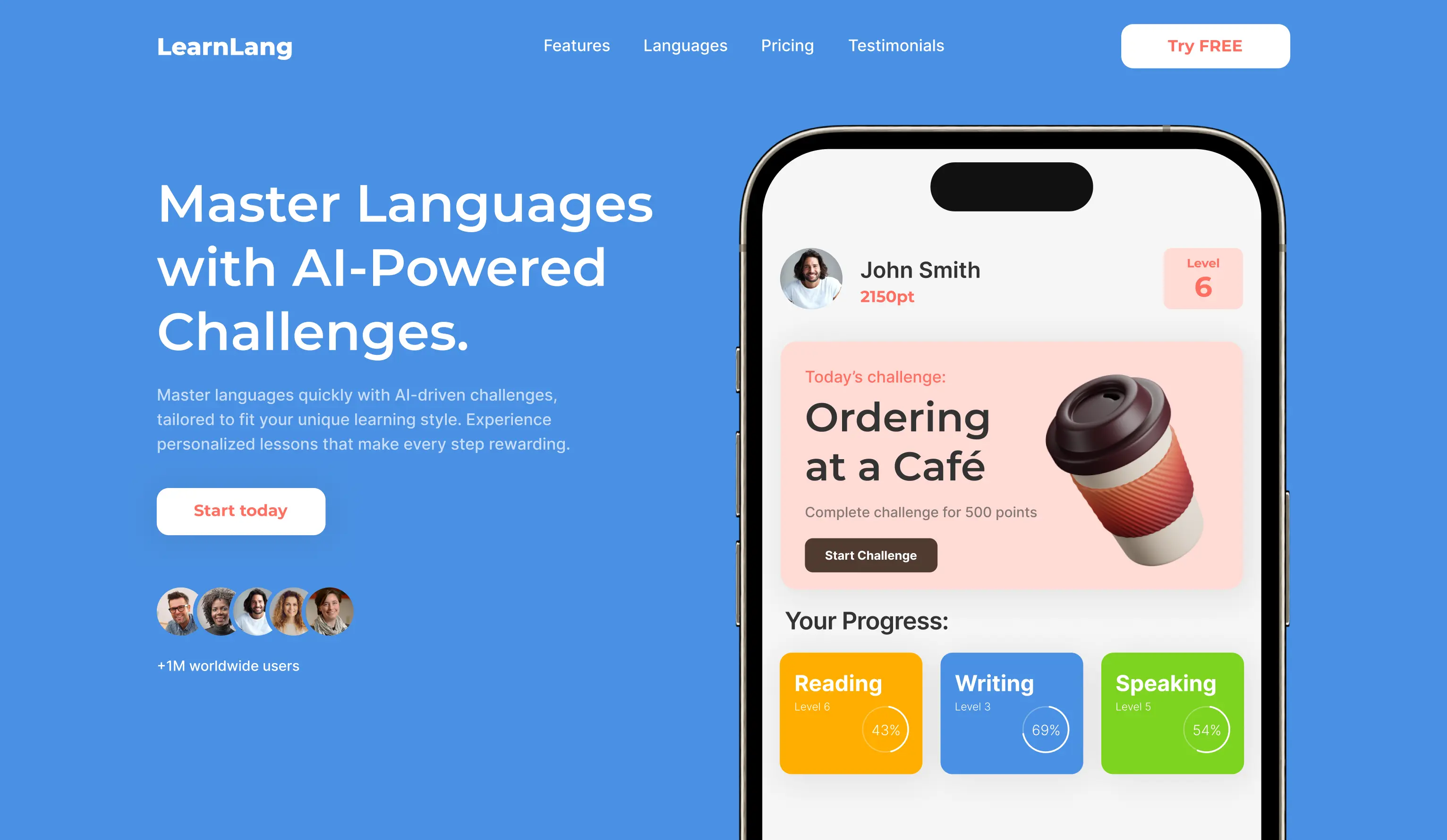 Landing page design for language learning app