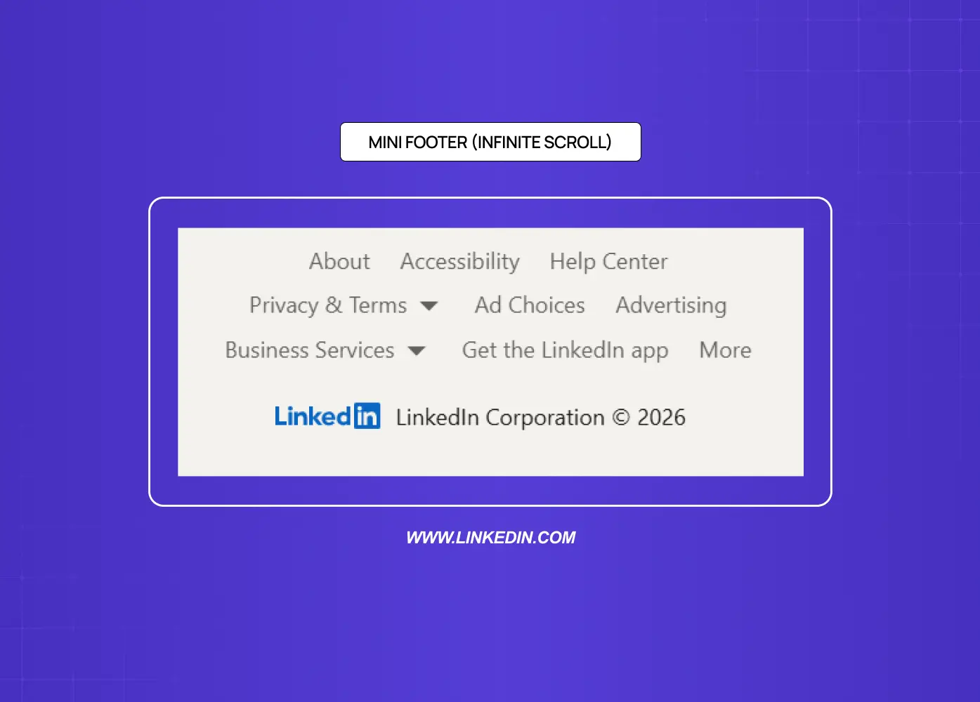 Compact footer design commonly used in infinite-scroll experiences with essential legal and help links. 
