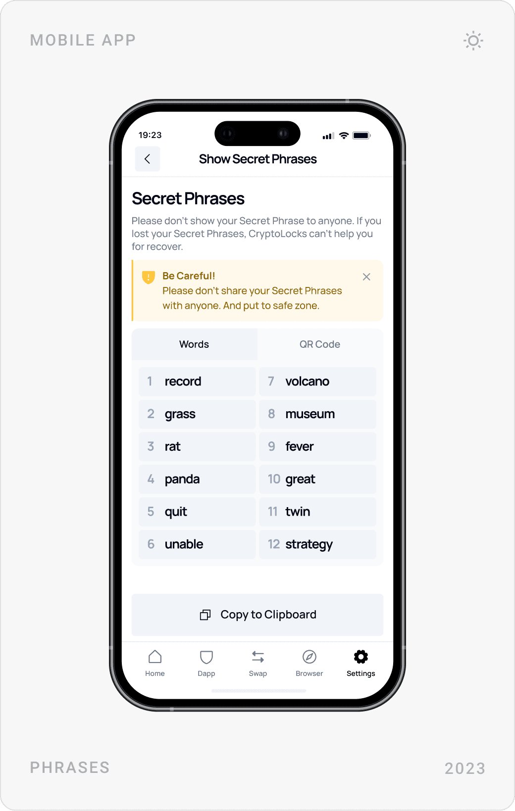 Professional Secret Phrase Management Mobile Design