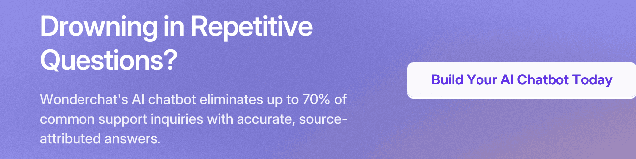 Drowning in Repetitive Questions? Wonderchat's AI chatbot eliminates up to 70% of common support inquiries with accurate, source-attributed answers.