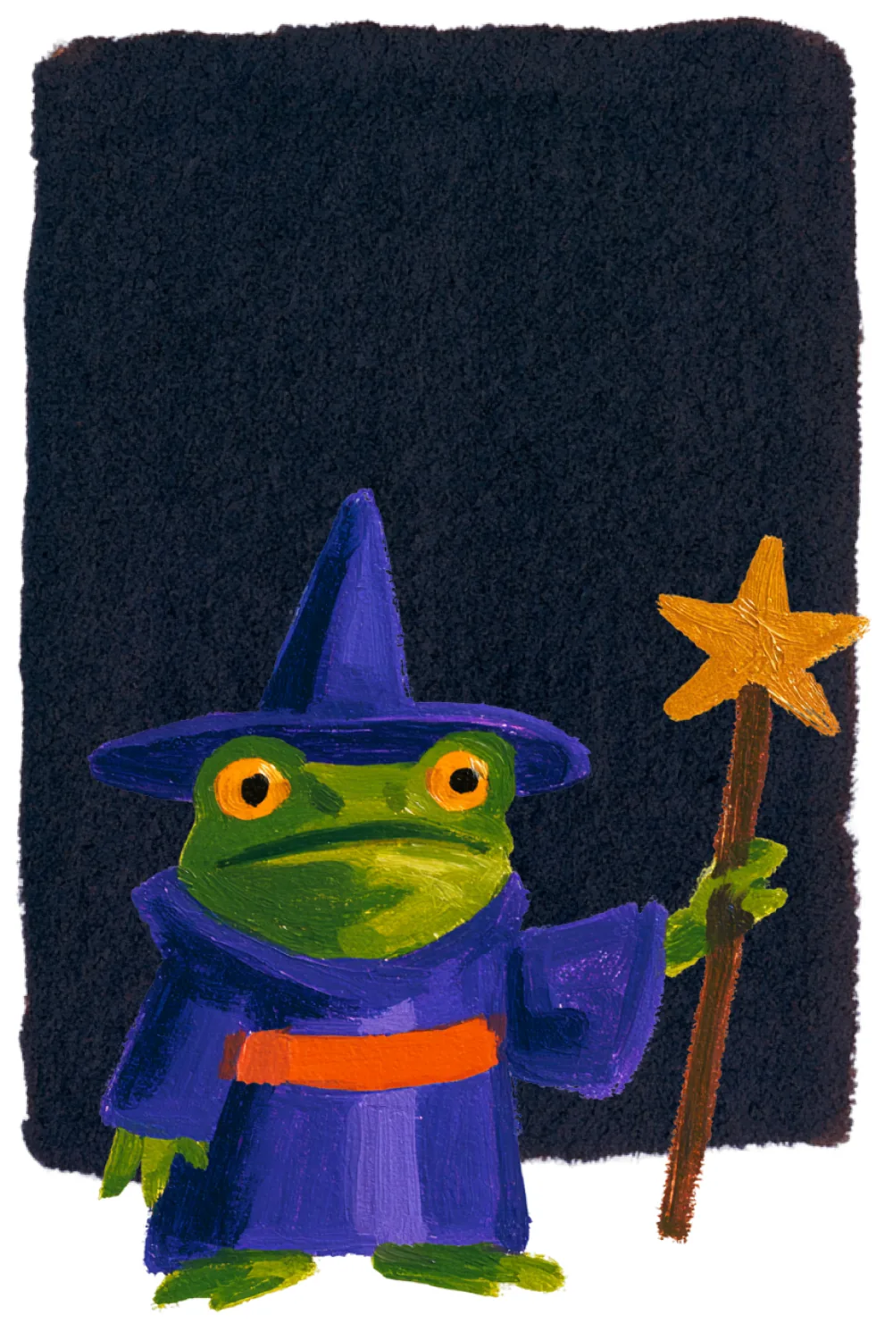 A friendly frog wizard in a purple pointed hat and robe holds a golden star-tipped staff against a dark background.
