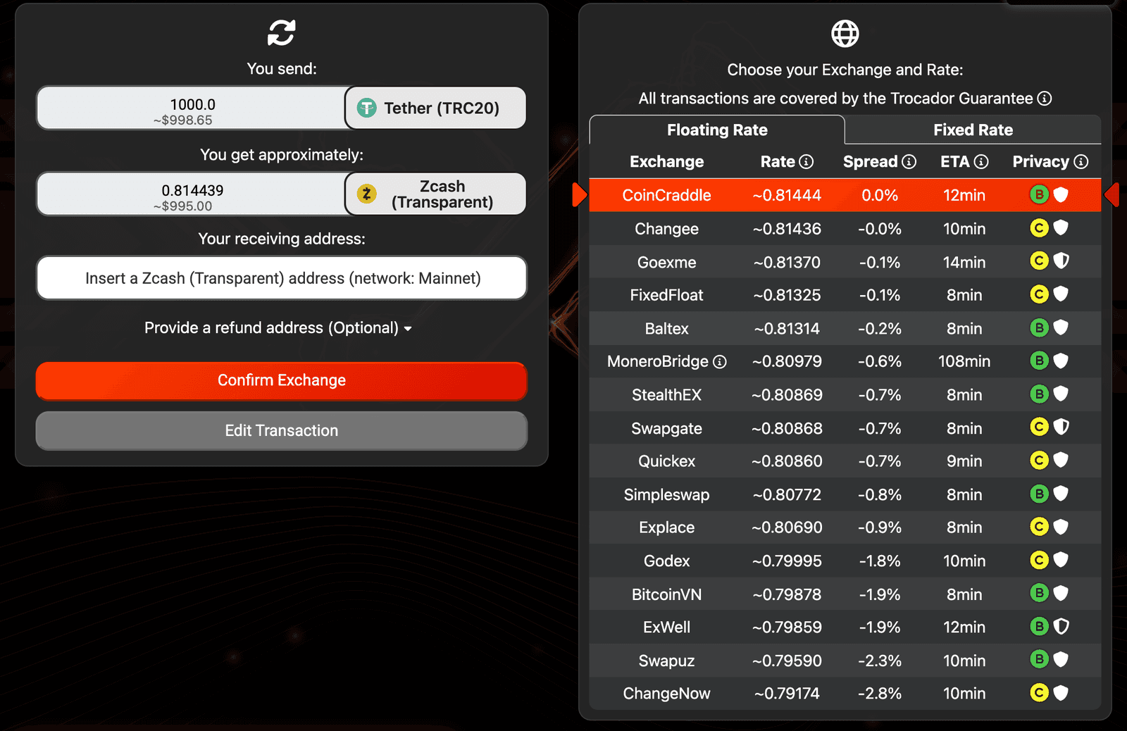 Trocador: 1,000 USDT TRC-20 to transparent Zcash across 16 exchanges, from 0.81444 ZEC at CoinCraddle to 0.79174 ZEC at ChangeNOW