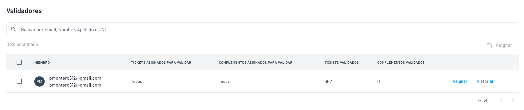 panel para asignar tickets a validadores por zona