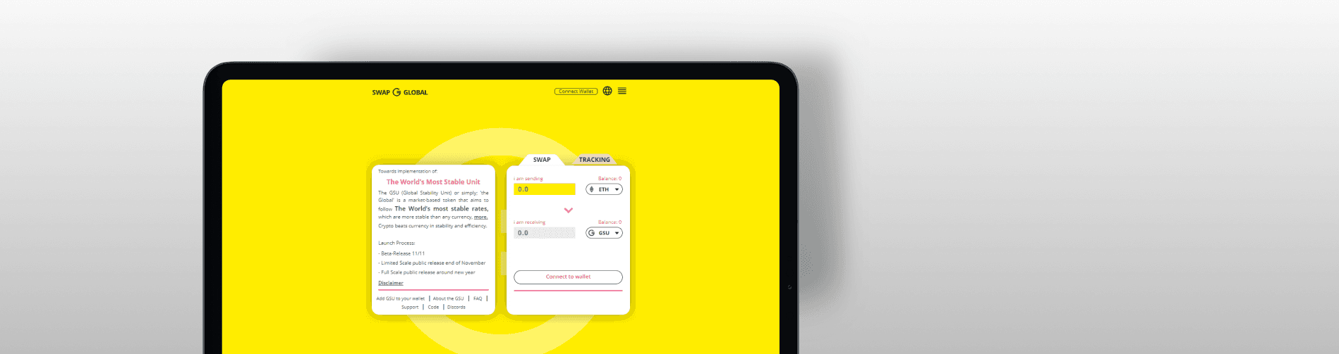 Detailed web interface of SWAP GLOBAL showing user portfolio management and GSU token exchange features