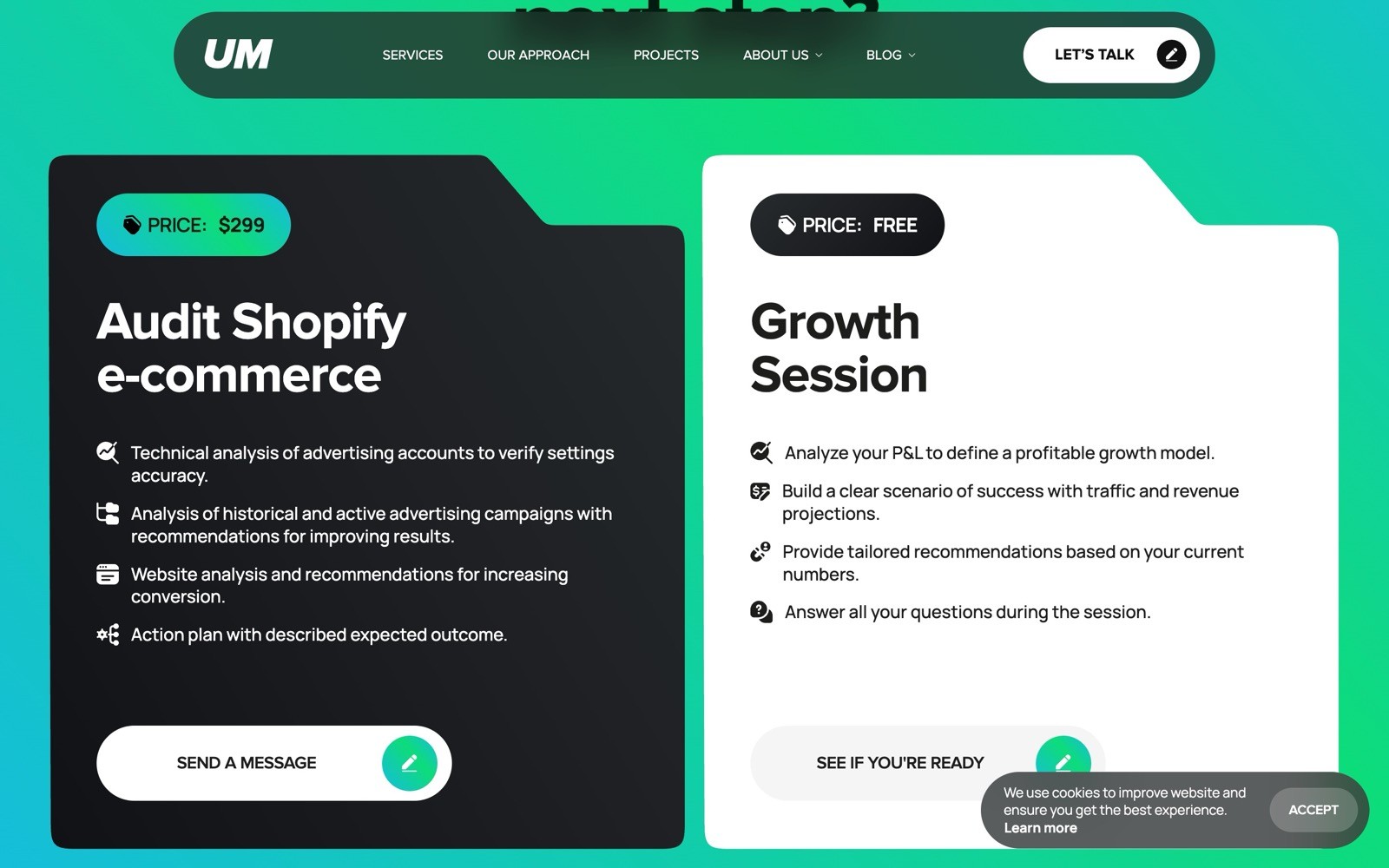 Dark and light cards showing pricing plans. Left: '$299' for Audit Shopify e-commerce. Right: 'FREE' for Growth Session.