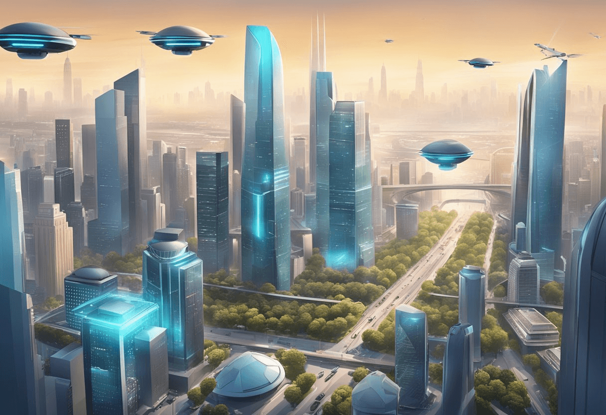 A bustling city skyline with futuristic skyscrapers and flying drones, showcasing a blend of technology and traditional work environments
