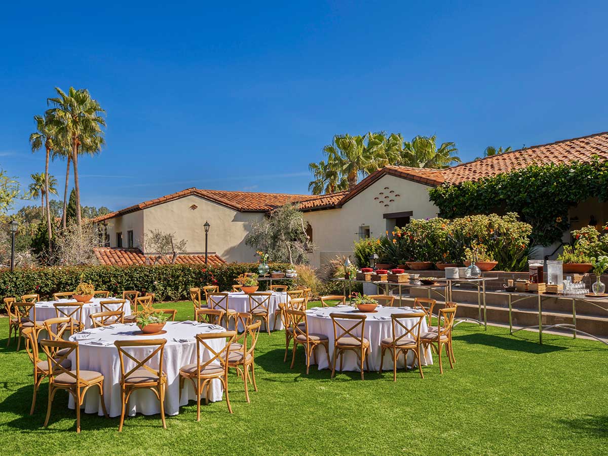 Group of hikers walking through a mountain meadow surrounded by pine trees and misty peaks.
