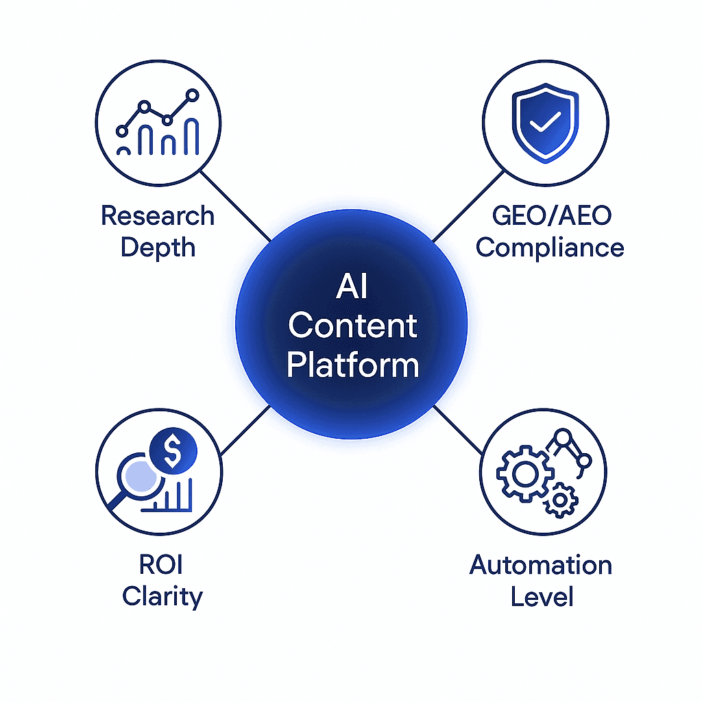 Hub-and-spoke diagram showing four evaluation pillars surrounding an AI platform