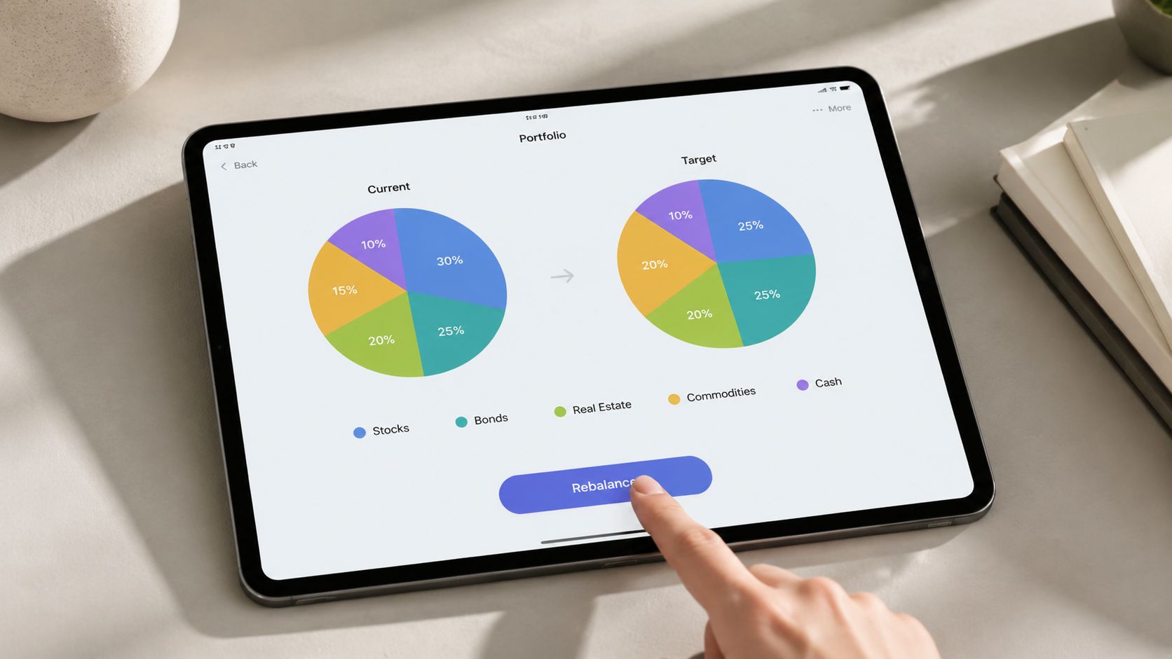 A hand touches a tablet screen displaying a portfolio rebalancing app with current and target pie charts.