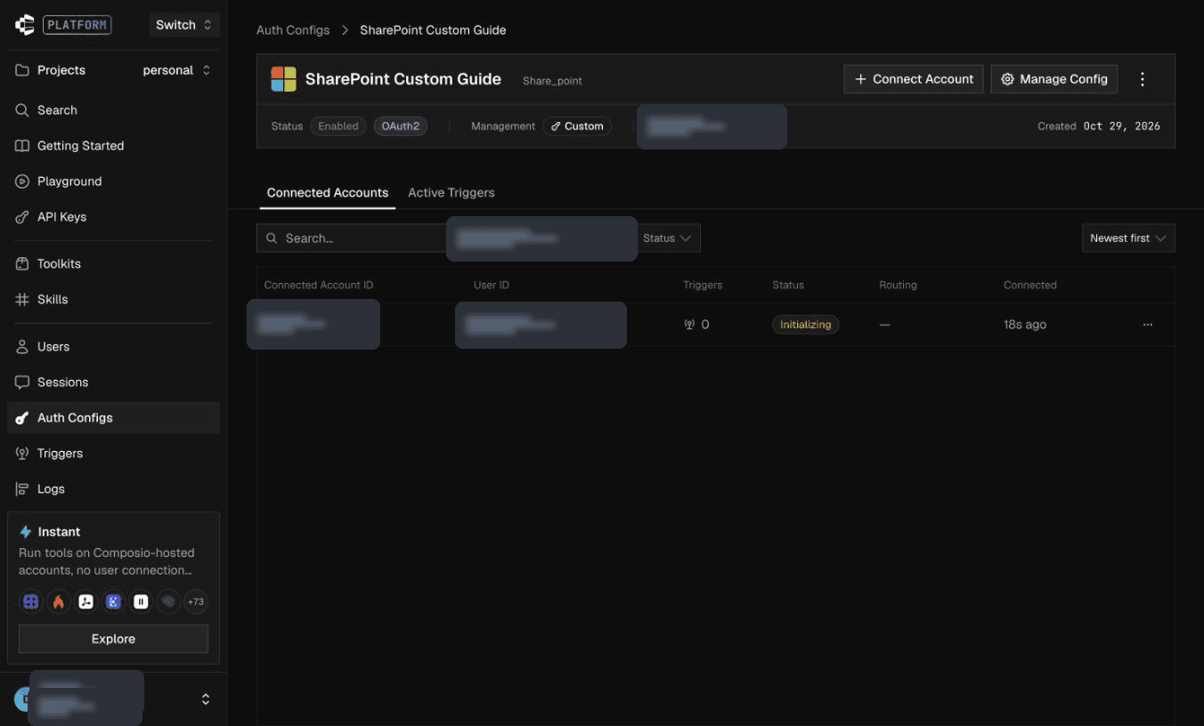 Connect Account on the custom SharePoint configuration
