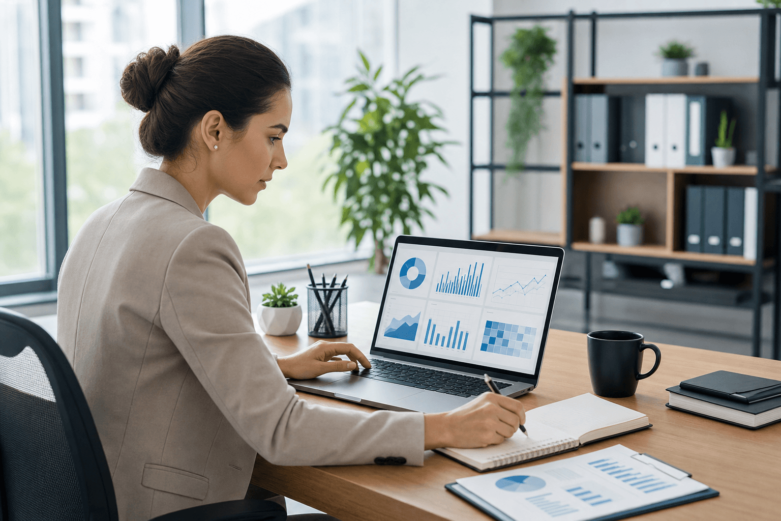 Professional business analyst working at a modern desk with laptop displaying data charts and spreadsheets, clean office environment, person reviewing analytics dashboard, organized workspace with notebooks and coffee, natural lighting, contemporary professional setting, focused and analytical atmosphere