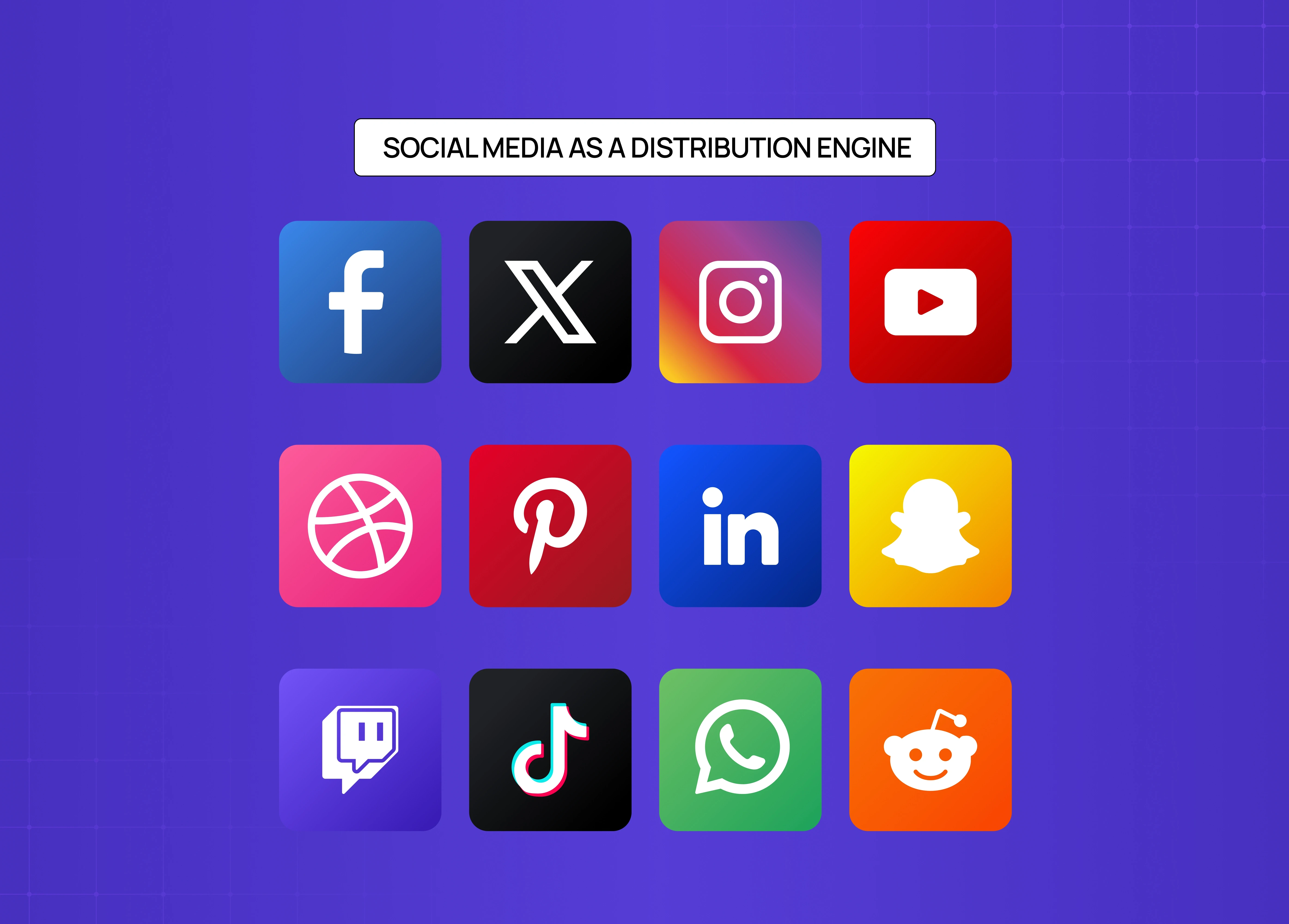 Grid of social media platform logos representing content distribution across channels like Facebook, Instagram, LinkedIn, TikTok, and Reddit.