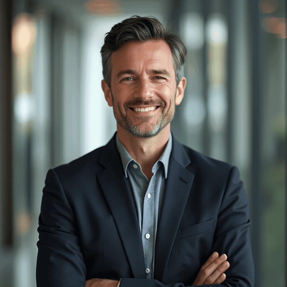 Portrait of a smiling, confident businessman in a dark suit with arms crossed.