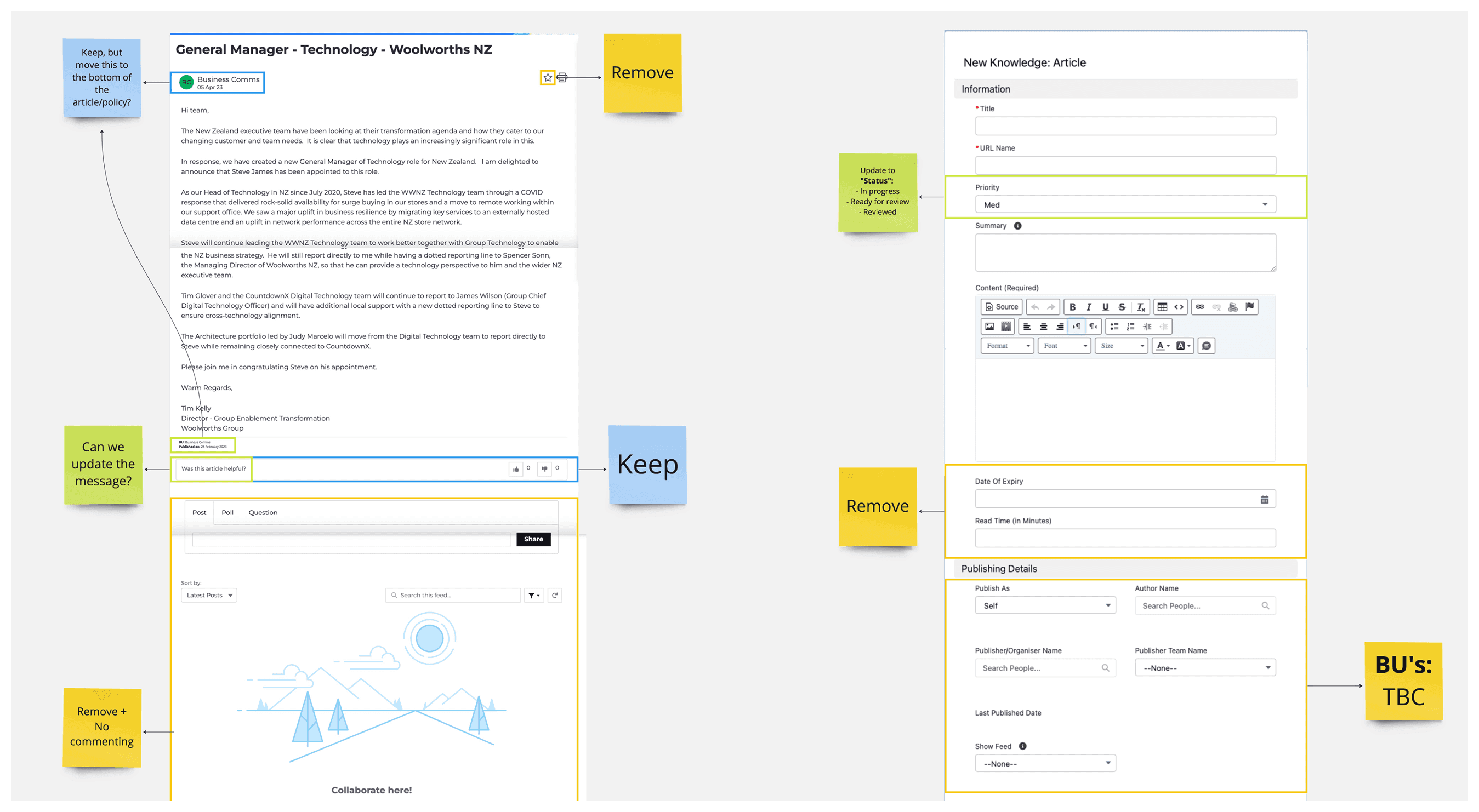 Screenshot from workshop with developers discussing the knowledge article formatting