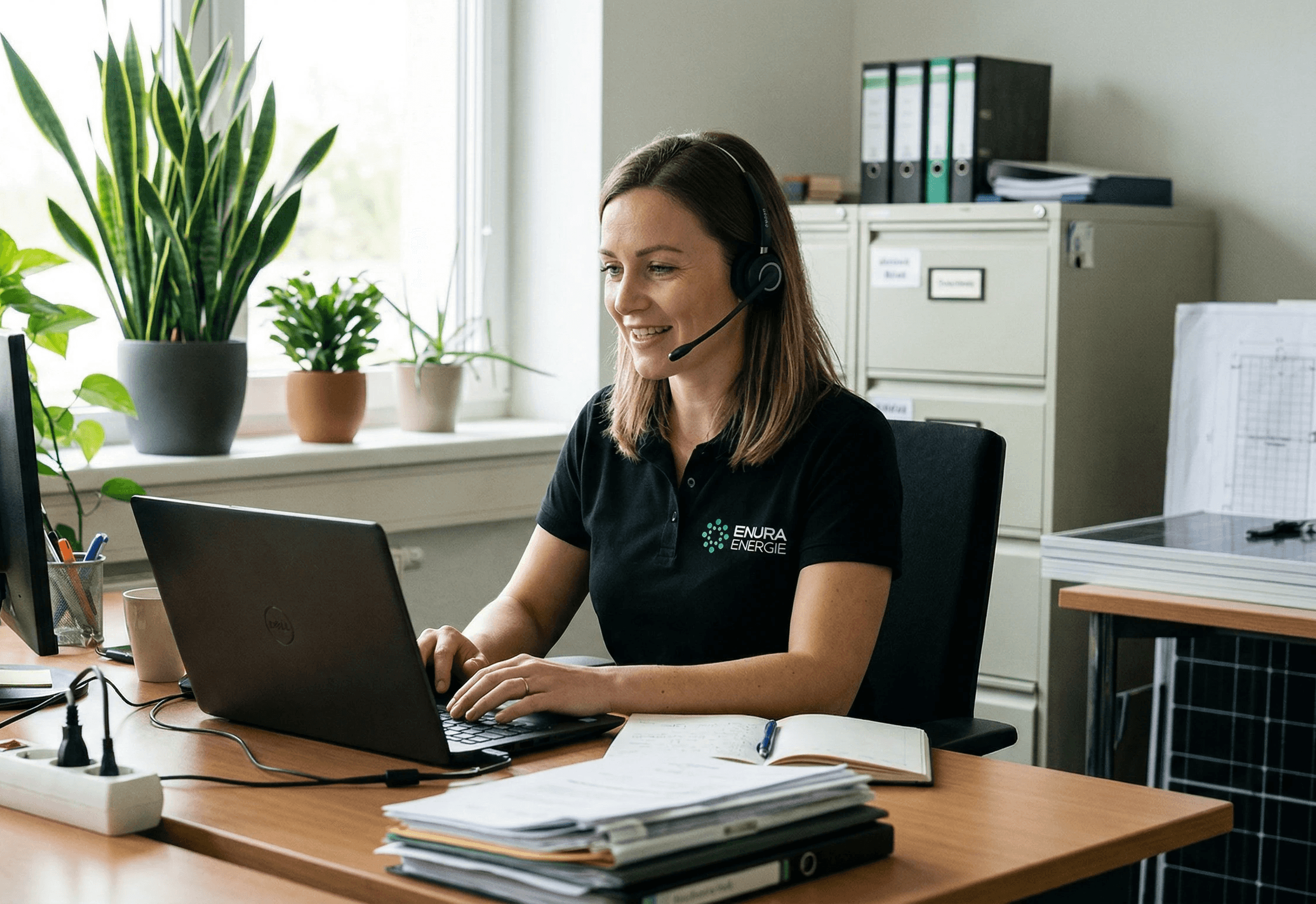 Mitarbeiterin von Inura Energie sitzt im Büro mit einem Headset auf dem Kopf, telefoniert gerade mit Kunden, berät sie und unterstützt sie am Telefon. Sie sieht dabei sehr zufrieden und entspannt aus, dennoch konzentriert. Sie arbeitet an einem modernen Schreibtisch mit Fenster im Hintergrund und trägt ein Inura Energie T-Shirt