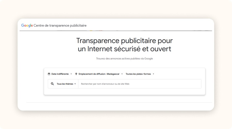 Google Ads Transparency Center interface showing live competitor ad data by country, format, and message.