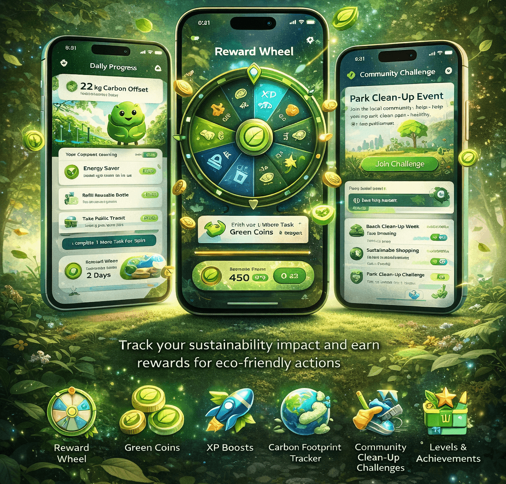 A vibrant, nature-themed mobile app interface focused on environmental sustainability and gamification, using a bright green and yellow color palette.