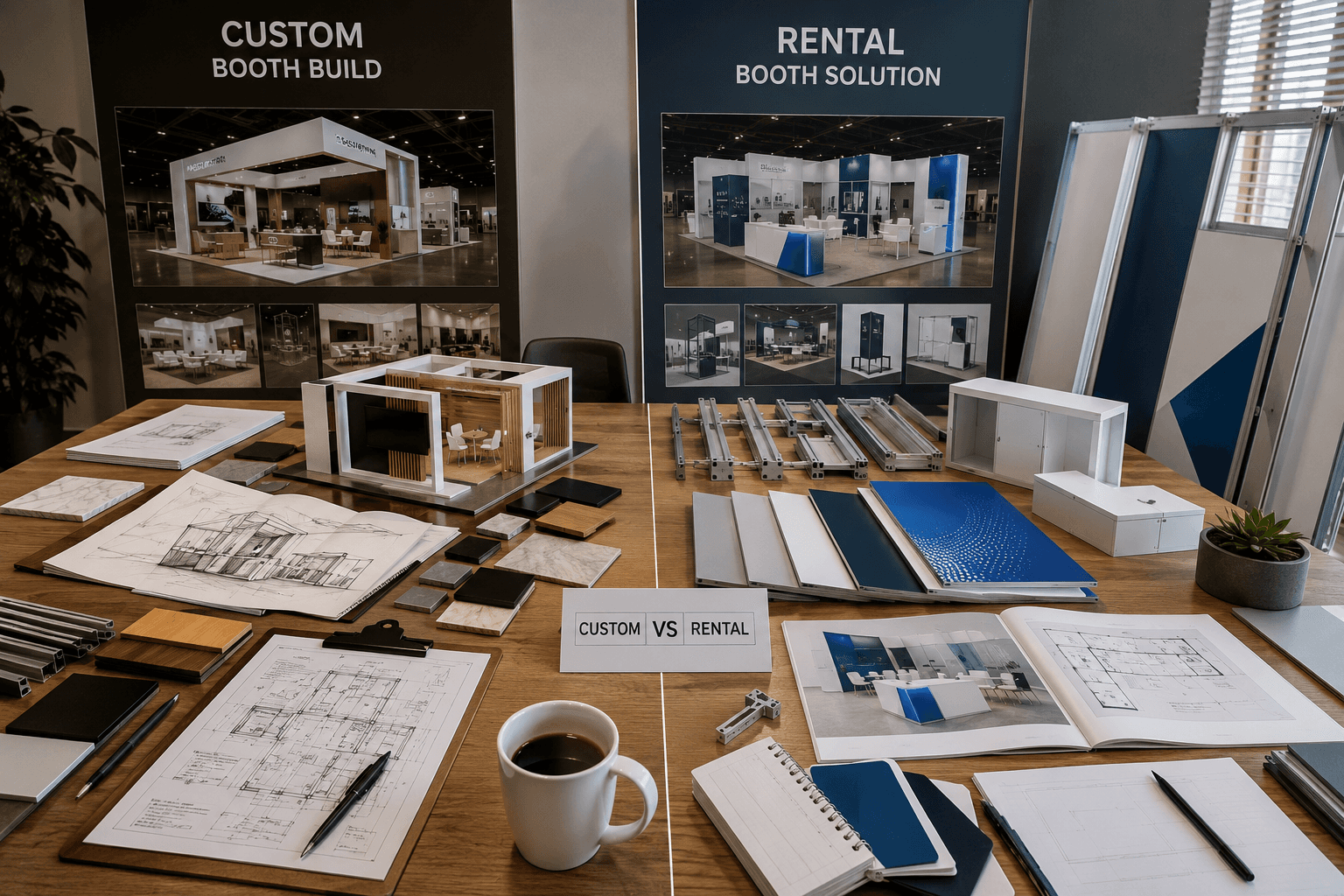 Split-view planning table comparing a custom trade show booth build and a Las Vegas rental booth setup with layout sketches, material samples, modular panels, and fabrication notes