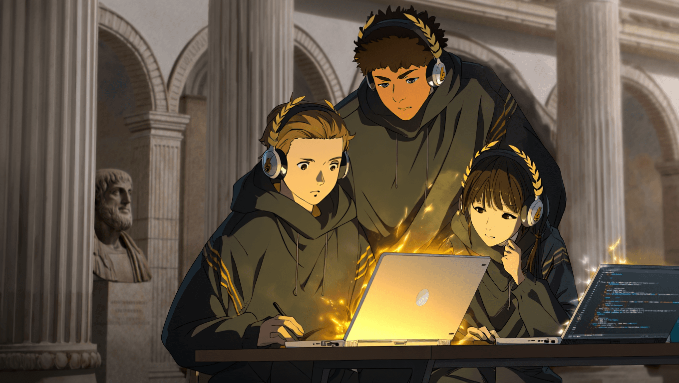 Students collaborating on a computer science project with laptops