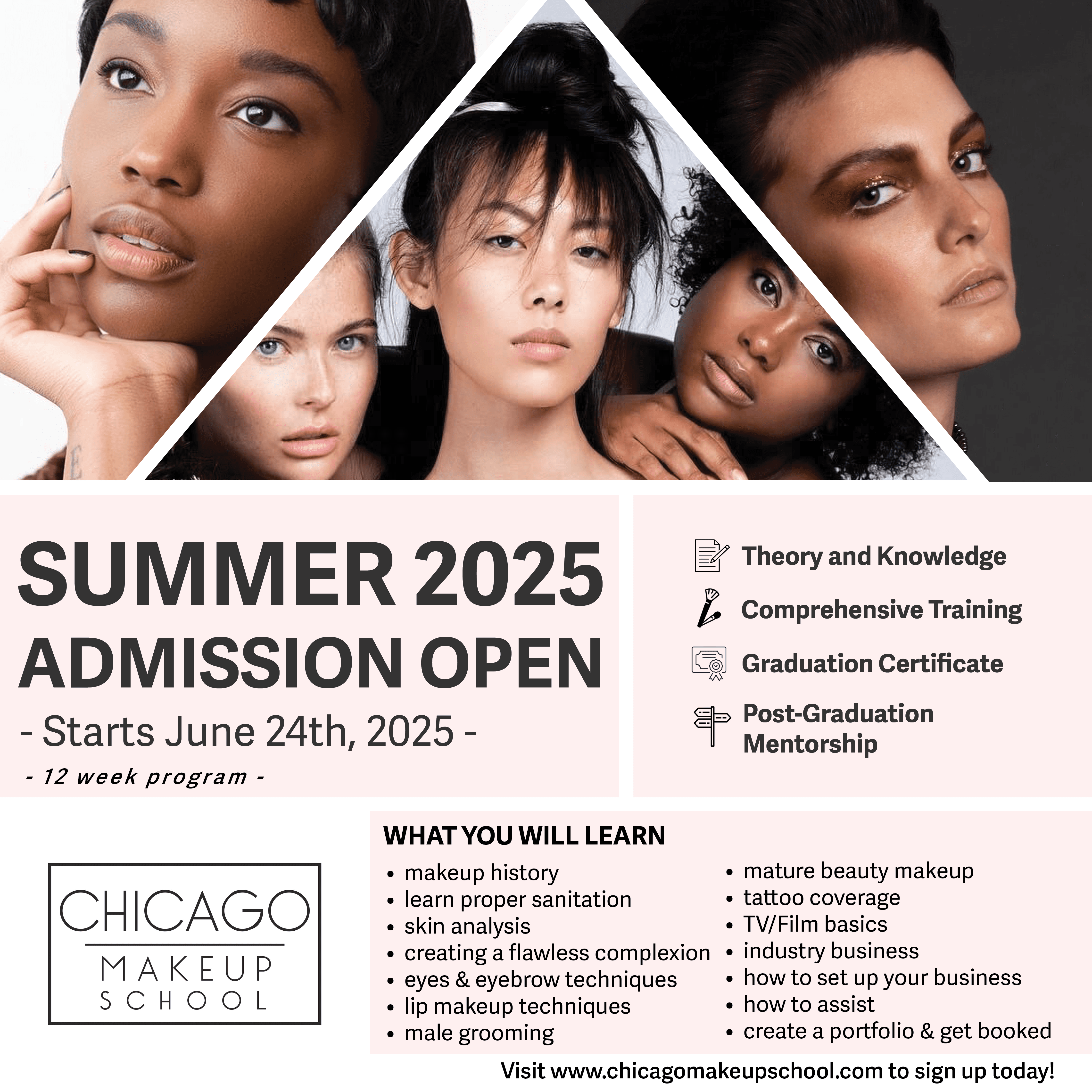 graphic design agency chicago made this flyer for chicago makeup school's upcoming session