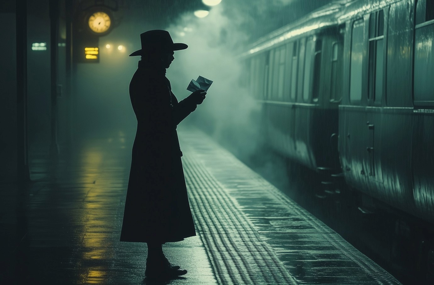 In a dimly lit train station blanketed in fog, a person wearing a long coat and wide-brimmed hat stands on the platform, engrossed in reading a letter beside a vintage train as the clock glows in the background, creating a mysterious and nostalgic atmosphere.