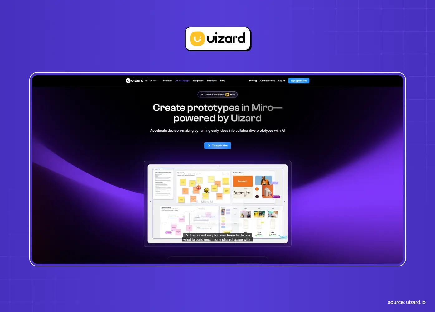 Homepage of Uizard showcasing its AI-powered prototyping platform for creating interfaces and collaborative design workflows.