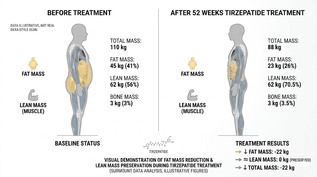 Body composition changes during tirzepatide treatment showing fat loss