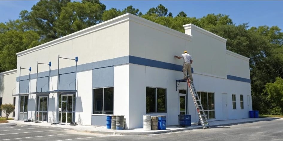 Apartment block exterior painting from access platform