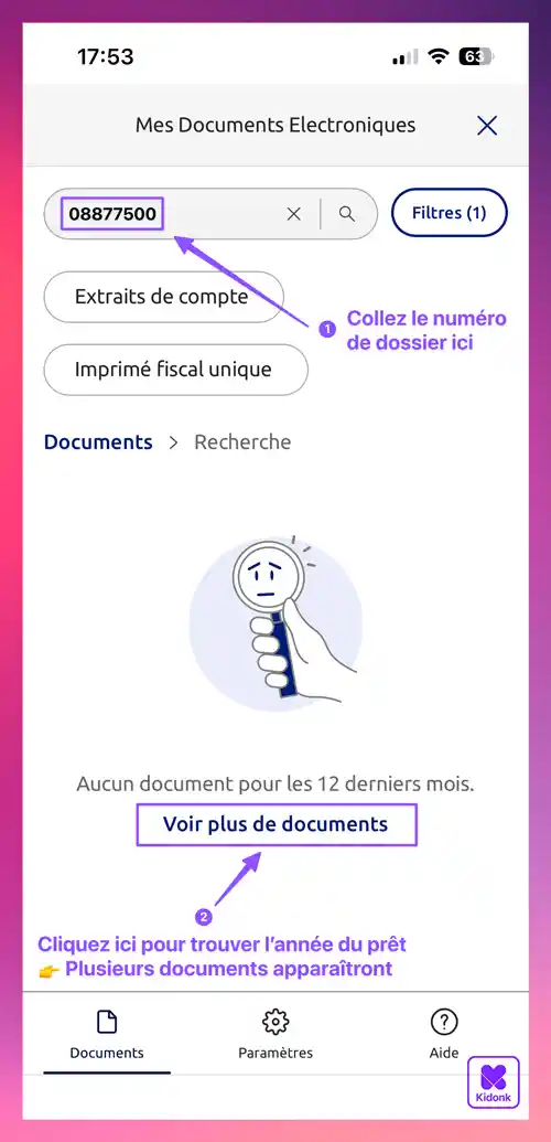 Application mobile Banque Populaire affichant la fonction recherche dans la rubrique Documents 