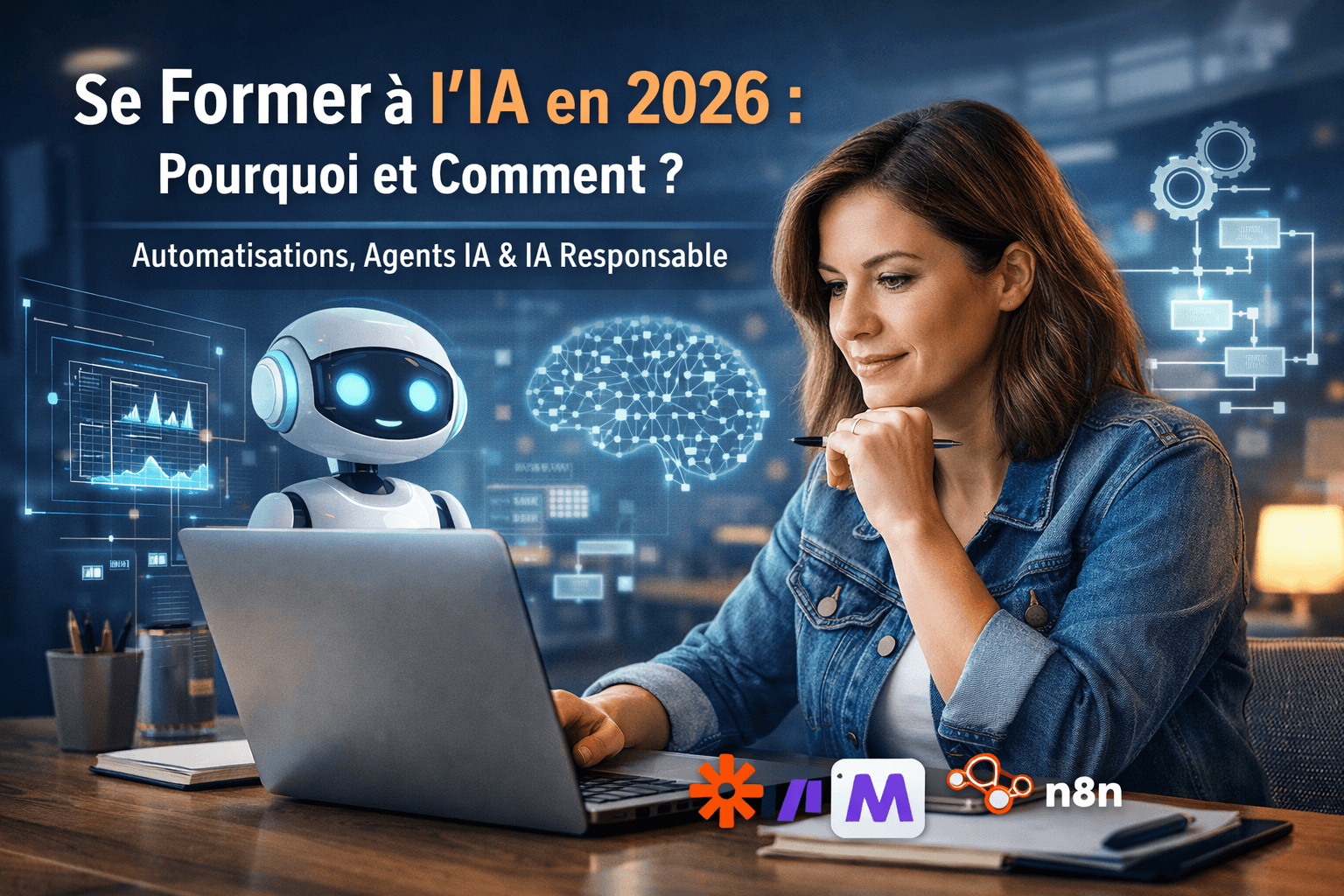 "Une personne utilisant un ordinateur pour créer du contenu avec l'aide de l'intelligence artificielle, dans un espace de travail moderne et créatif.