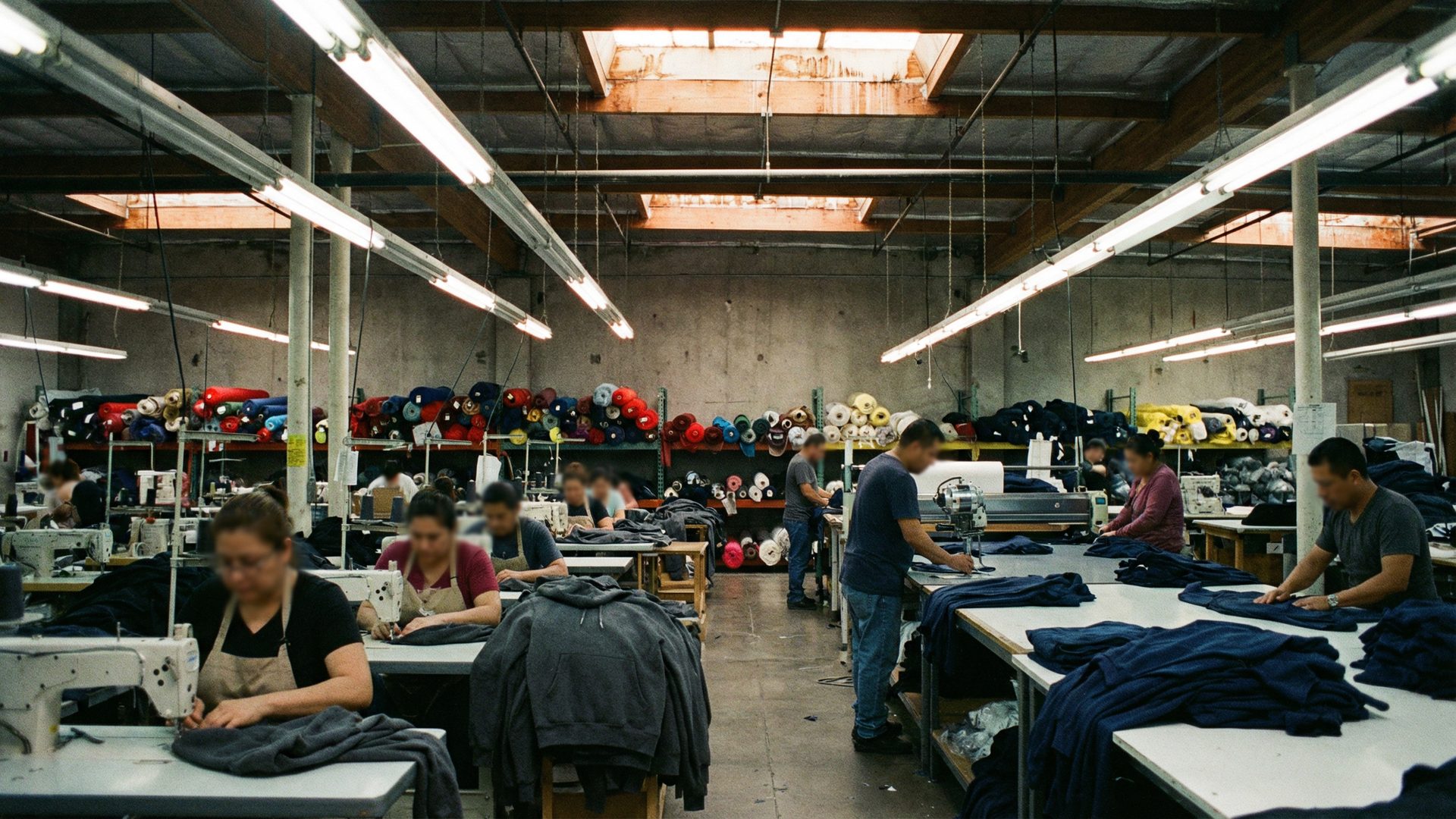 A factory floor with multiple production lines running, with clear signage indicating which lines are reserved for which brand and season (e.g., "Line 3: Brand X - FW27 Hoodies").