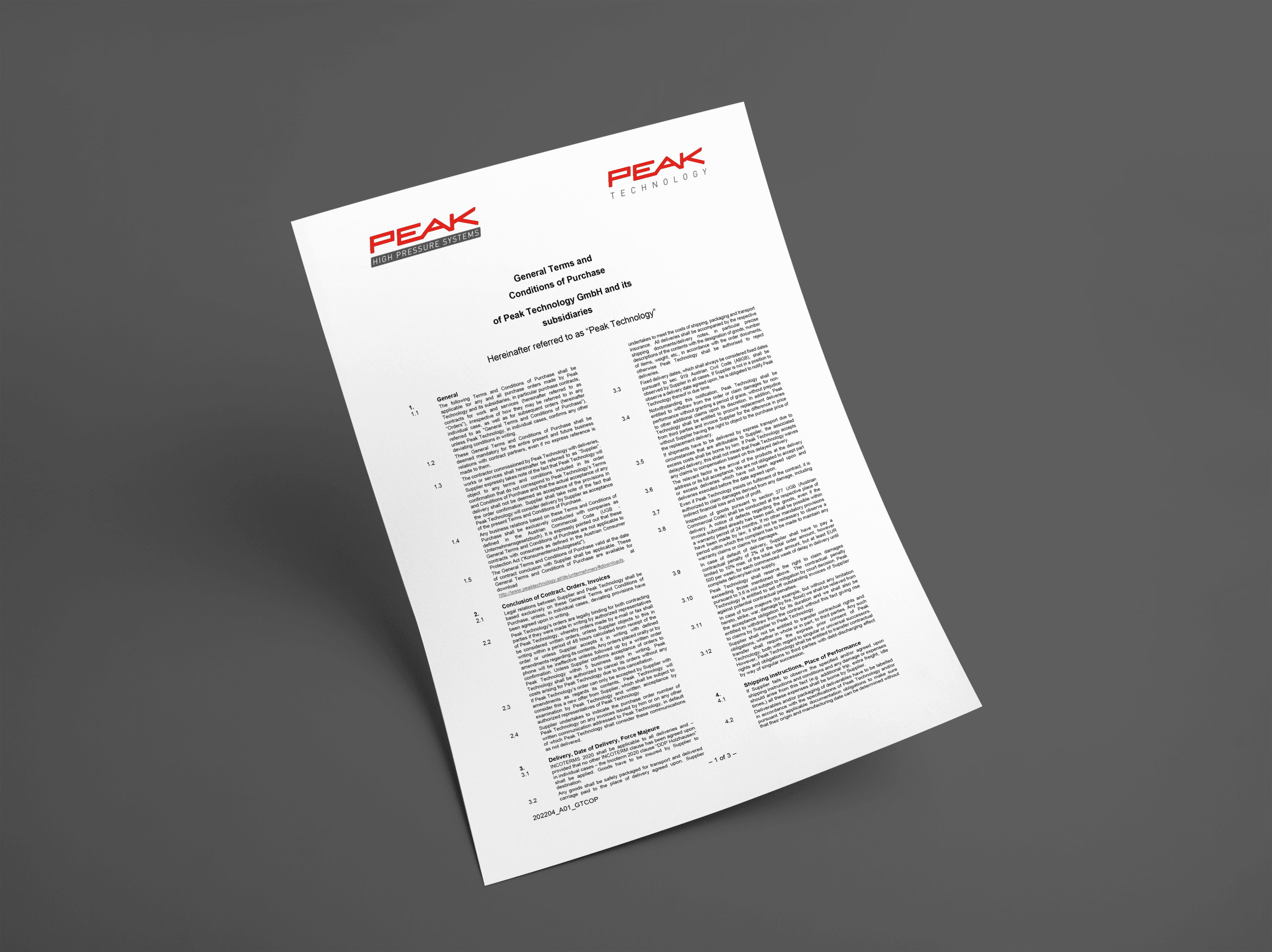 Mockup of the General Terms of Purchase by Peak Technology