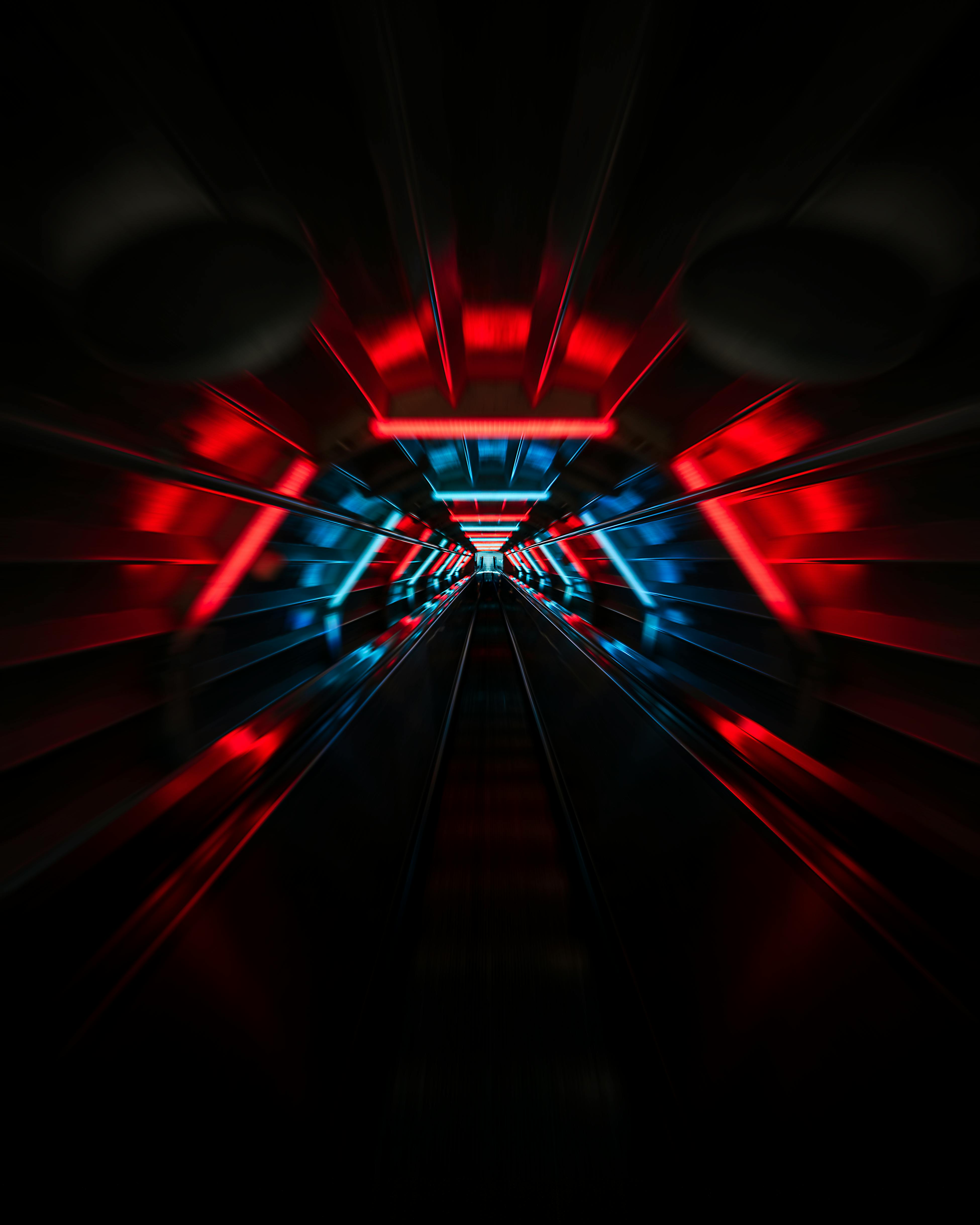 A night time photograph from inside the atomium escalators