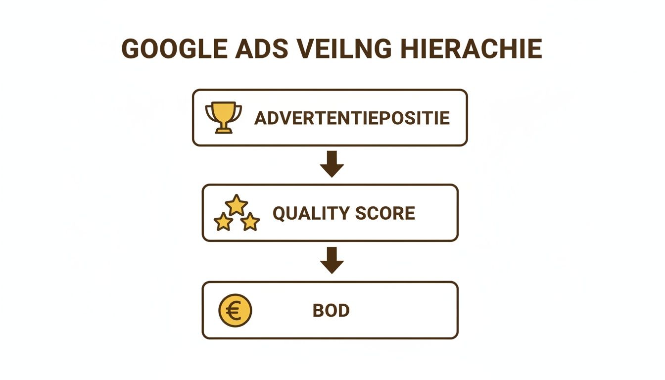 Een infographic die de hiërarchie van de Google Ads veiling toont met advertentiepositie, kwaliteitsscore en bod.