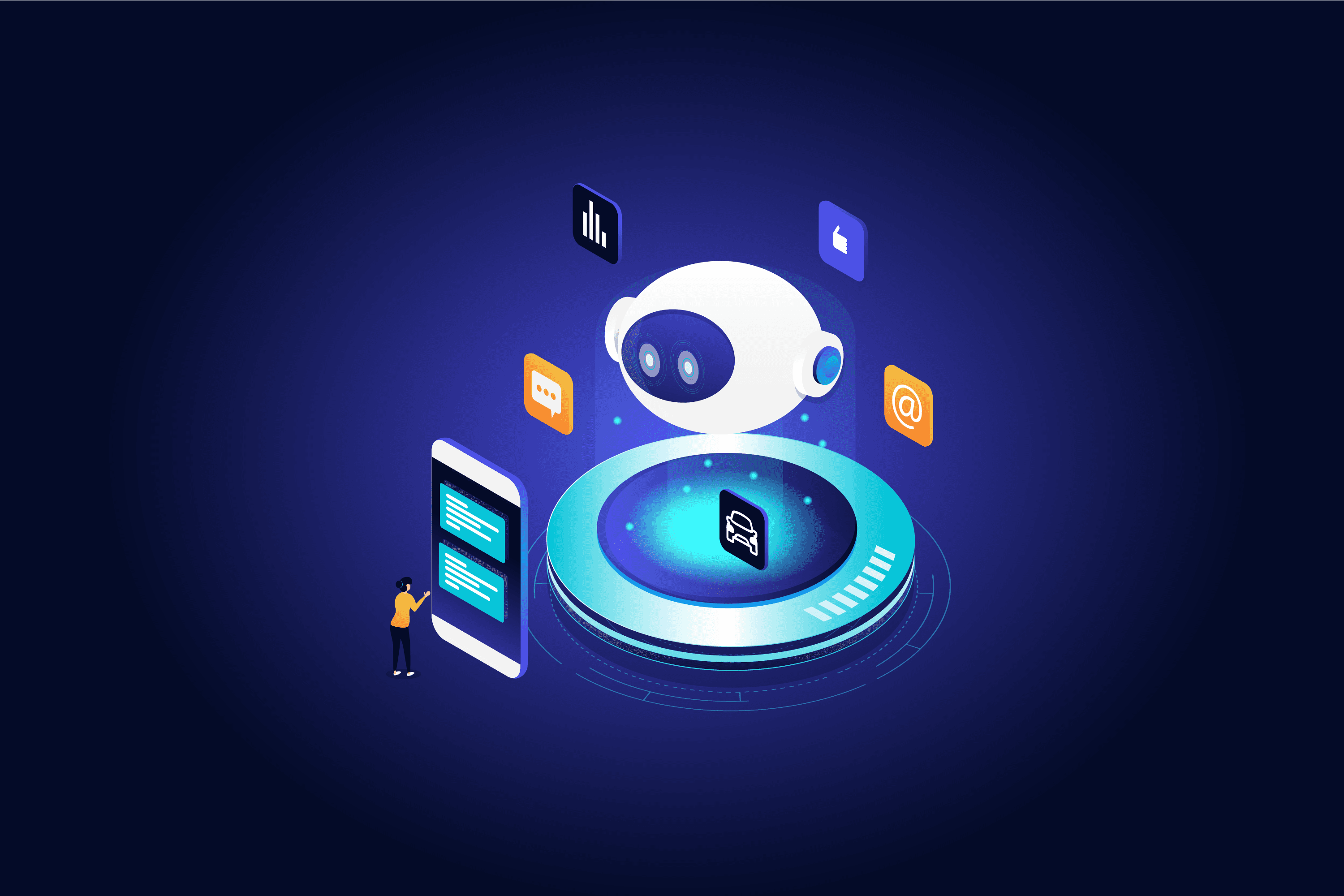 Automotive GEO isometric rendering of user communicating with AI chatbot via messenger app, surrounded by varying pop-out icons.