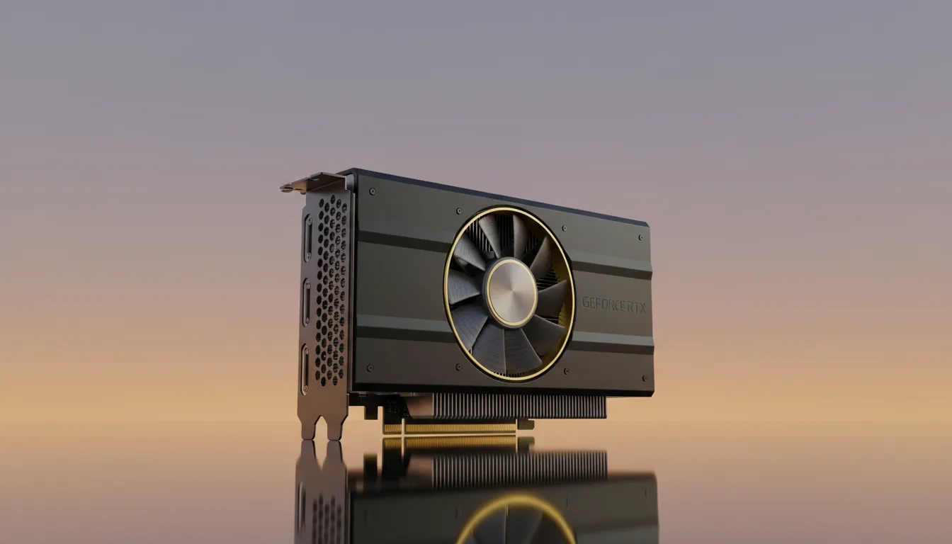 3D product render of a sleek NVIDIA professional workstation graphics card, studio shot. The card, featuring a matte black shroud and a prominent circular blower fan with a brushed metal texture and gold accent ring, is captured at a low-angle three-quarters view. It rests on a glossy, highly reflective surface that creates a clear mirror image. Soft studio lighting illuminates the hardware, highlighting the vertical metallic fins on the lower grille. The background is a clean, smooth gradient transitioning from a warm golden-hour orange to a cool, muted twilight purple.