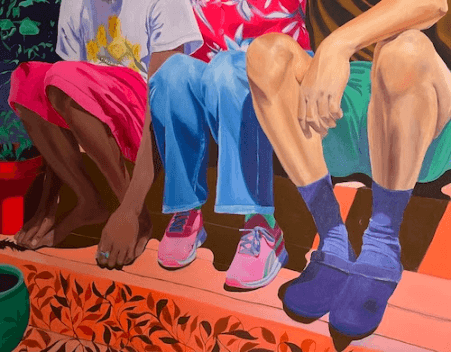 painting of three people sitting on a stair