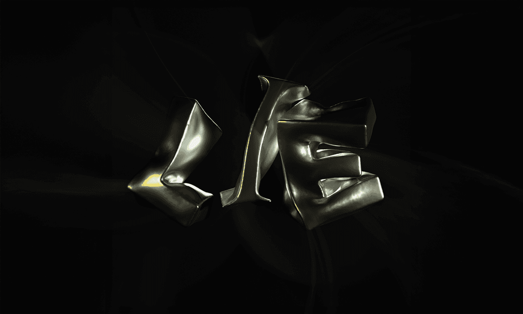 Liquid chrome 3D lettering on black. 3D render