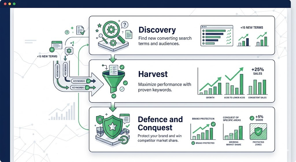 Amazon PPC three-bucket framework 2026 — Discovery, Harvest and Defence campaign structure for intent-based advertising